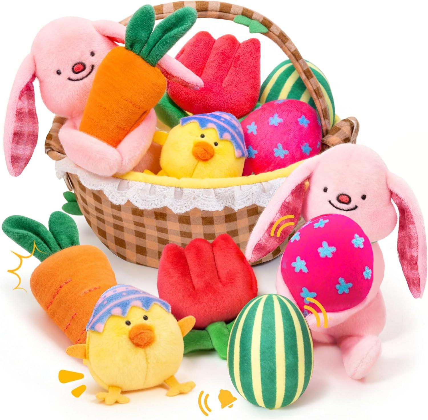 JoyCat Princess Busy Book Baby My First Easter Basket, 6 PCS Plush Playset Stuffers with Bunny Chick Eggs Carrot Tulip Toys, Easter Party Favors Decorations Gifts Supplies for Baby Girls Boys