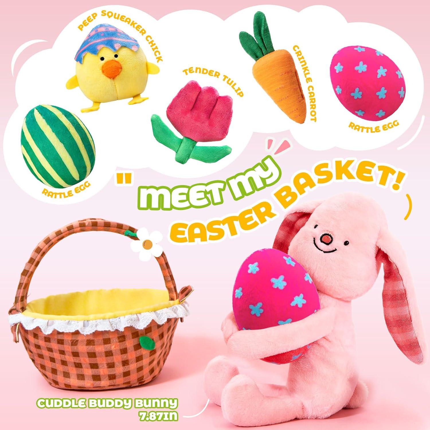 JoyCat Princess Busy Book Baby My First Easter Basket, 6 PCS Plush Playset Stuffers with Bunny Chick Eggs Carrot Tulip Toys, Easter Party Favors Decorations Gifts Supplies for Baby Girls Boys