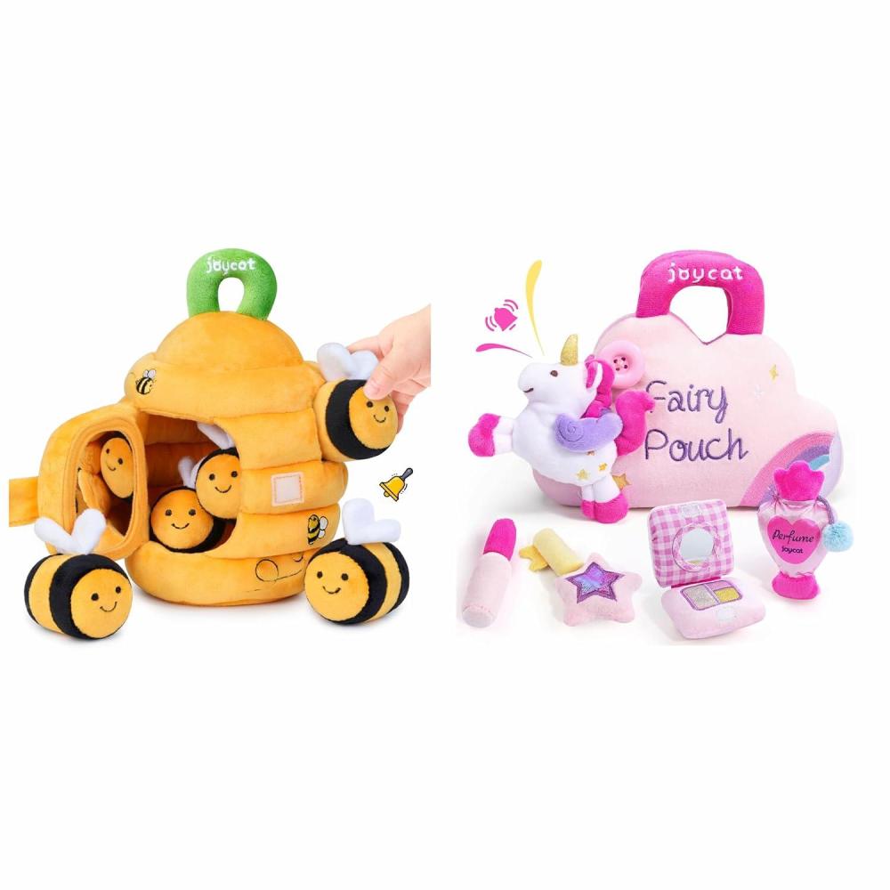 JoyCat Baby Toys 6-12 Months Little Girl Purse, My First Unicorn Makeup Bag Set 5 PCS Plush Playset with Perfume, Lipstick, Palette, Star Key, Montessori Soft Toys for Toddlers 0-3 Years Old