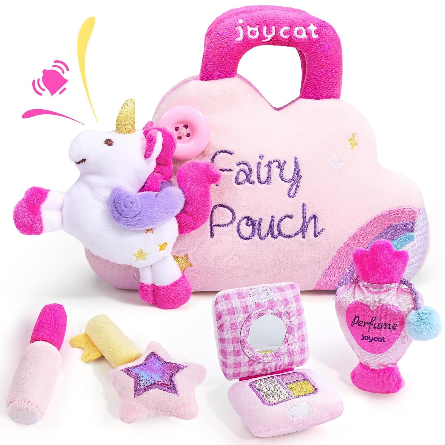 JoyCat Baby Toys 6-12 Months Little Girl Purse, My First Unicorn Makeup Bag Set 5 PCS Plush Playset with Perfume, Lipstick, Palette, Star Key, Montessori Soft Toys for Toddlers 0-3 Years Old