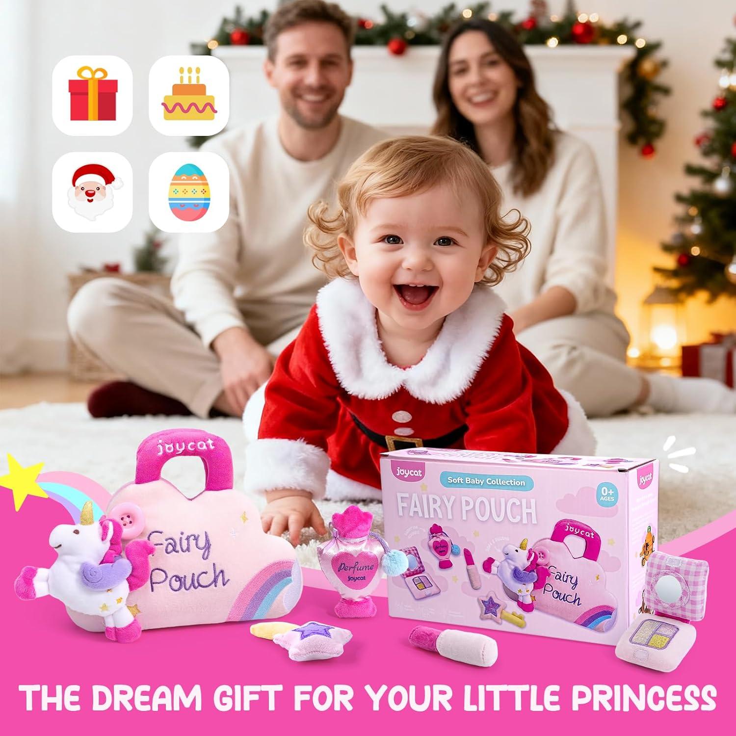 JoyCat Baby Toys 6-12 Months Little Girl Purse, My First Unicorn Makeup Bag Set 5 PCS Plush Playset with Perfume, Lipstick, Palette, Star Key, Montessori Soft Toys for Toddlers 0-3 Years Old