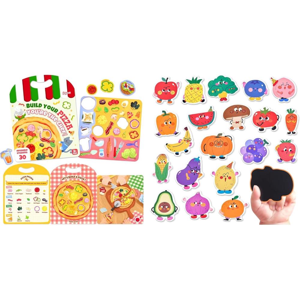 JoyCat Reusable Sticker Book & Fruits Vegetables Food Cartoon Wooden Magnets