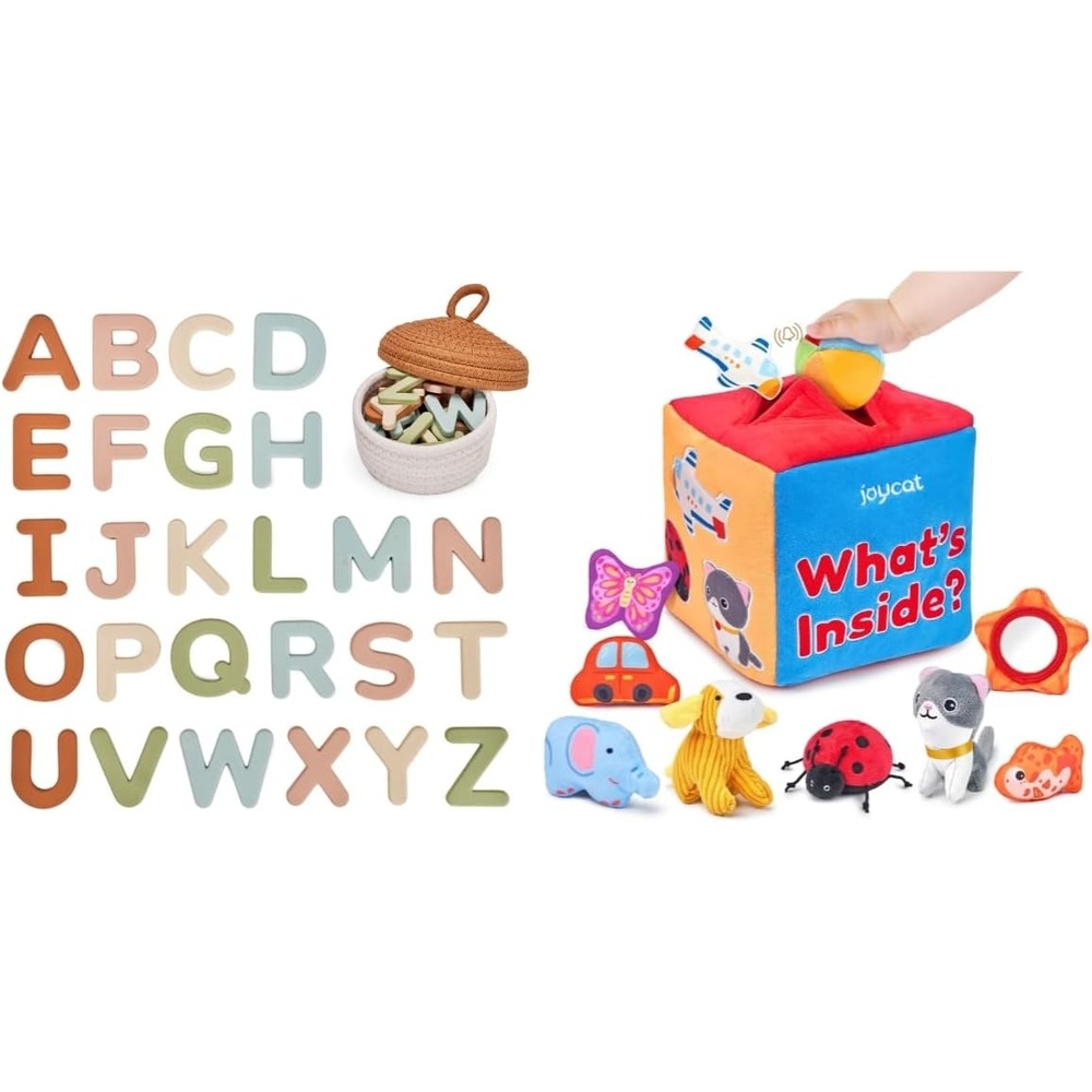 JoyCat Baby Toys – Mystery Soft Box with 10 Sensory Objects + Silicone Alphabet Magnetic Letters, 26 Uppercase ABC Fridge Magnets for Toddlers & Kids