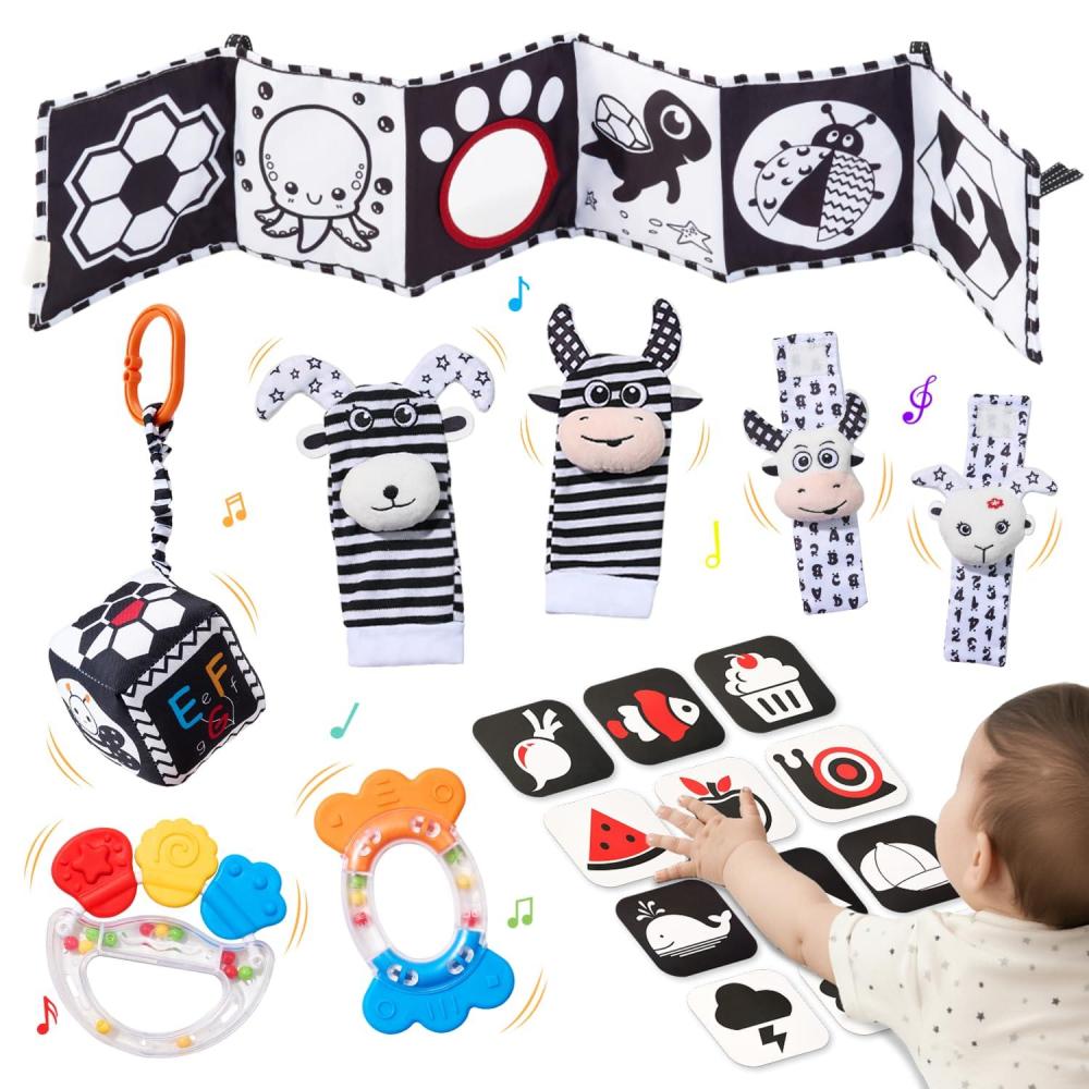 JoyCat Baby Toys 0-6 Months, 6-in-1 Newborn Sensory Toy Set with High Contrast Cards & Sensory Cloth, Wrist and Ankle Rattles, Baby Rattle, Hanging Cube and Teether, Baby Shower Gift for Boys Girls