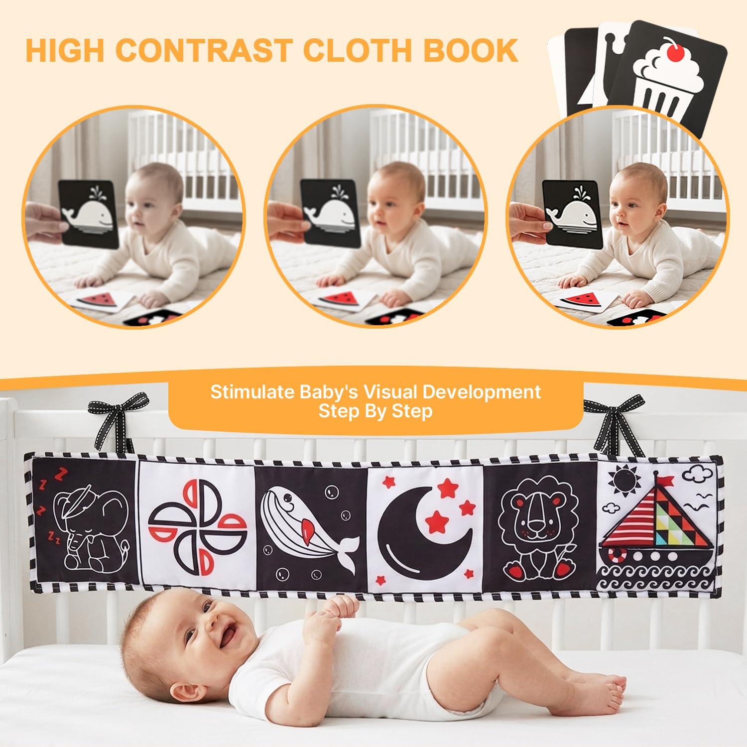 JoyCat Baby Toys 0-6 Months, 6-in-1 Newborn Sensory Toy Set with High Contrast Cards & Sensory Cloth, Wrist and Ankle Rattles, Baby Rattle, Hanging Cube and Teether, Baby Shower Gift for Boys Girls