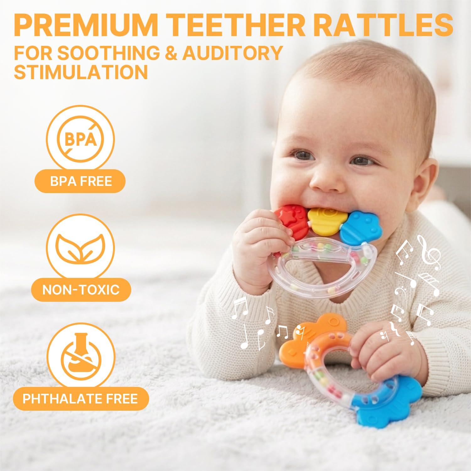 JoyCat Baby Toys 0-6 Months, 6-in-1 Newborn Sensory Toy Set with High Contrast Cards & Sensory Cloth, Wrist and Ankle Rattles, Baby Rattle, Hanging Cube and Teether, Baby Shower Gift for Boys Girls