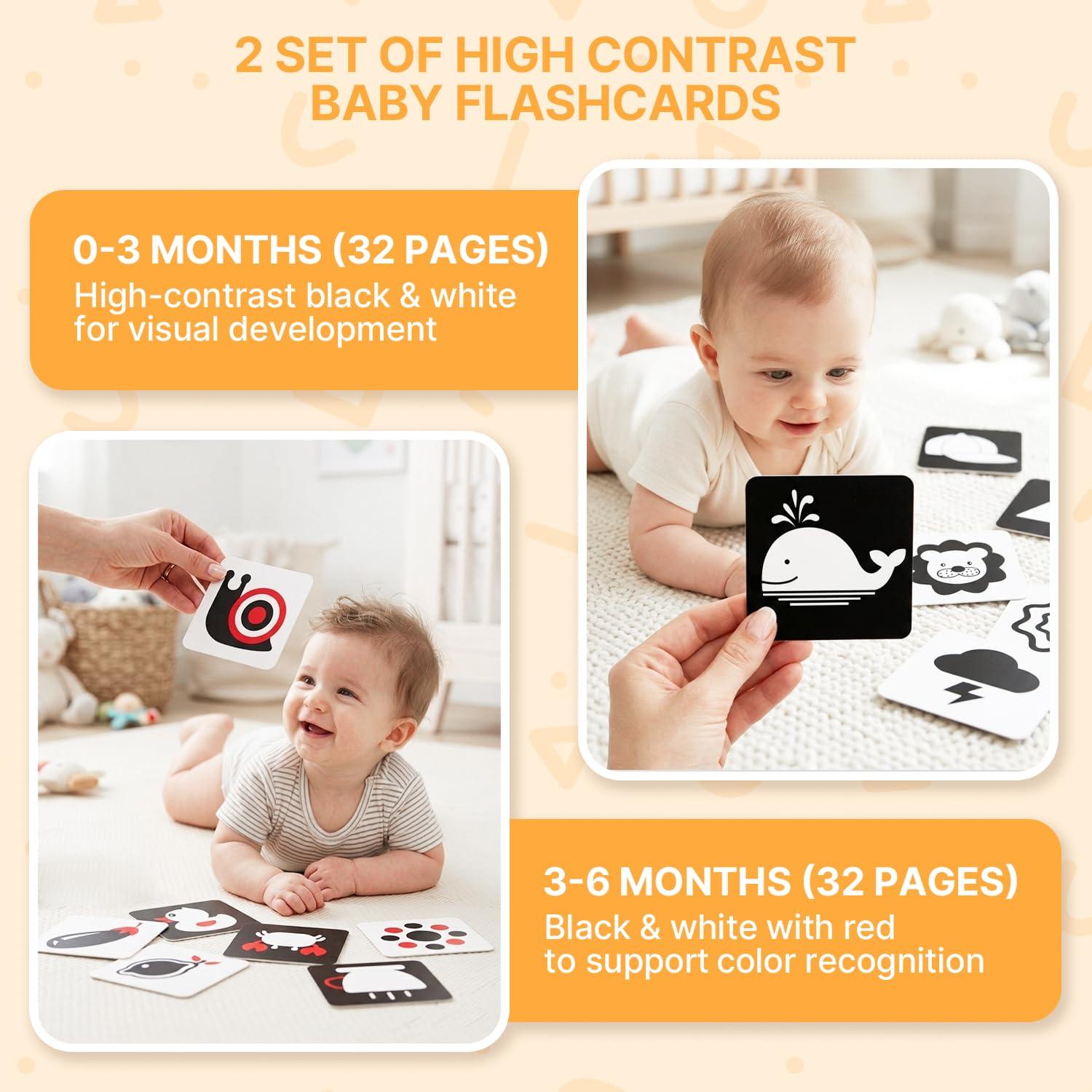 JoyCat Baby Toys 0-6 Months, 6-in-1 Newborn Sensory Toy Set with High Contrast Cards & Sensory Cloth, Wrist and Ankle Rattles, Baby Rattle, Hanging Cube and Teether, Baby Shower Gift for Boys Girls