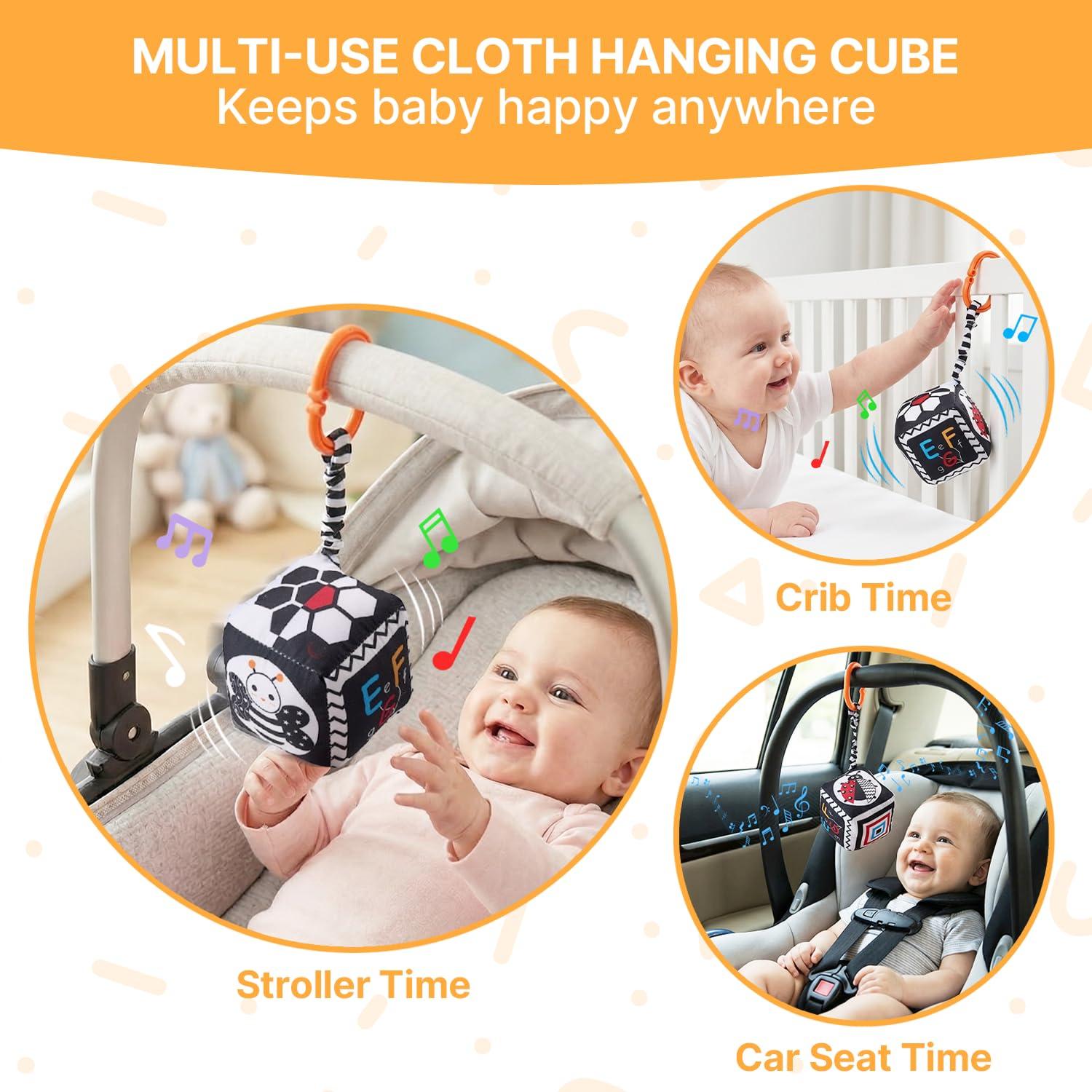 JoyCat Baby Toys 0-6 Months, 6-in-1 Newborn Sensory Toy Set with High Contrast Cards & Sensory Cloth, Wrist and Ankle Rattles, Baby Rattle, Hanging Cube and Teether, Baby Shower Gift for Boys Girls