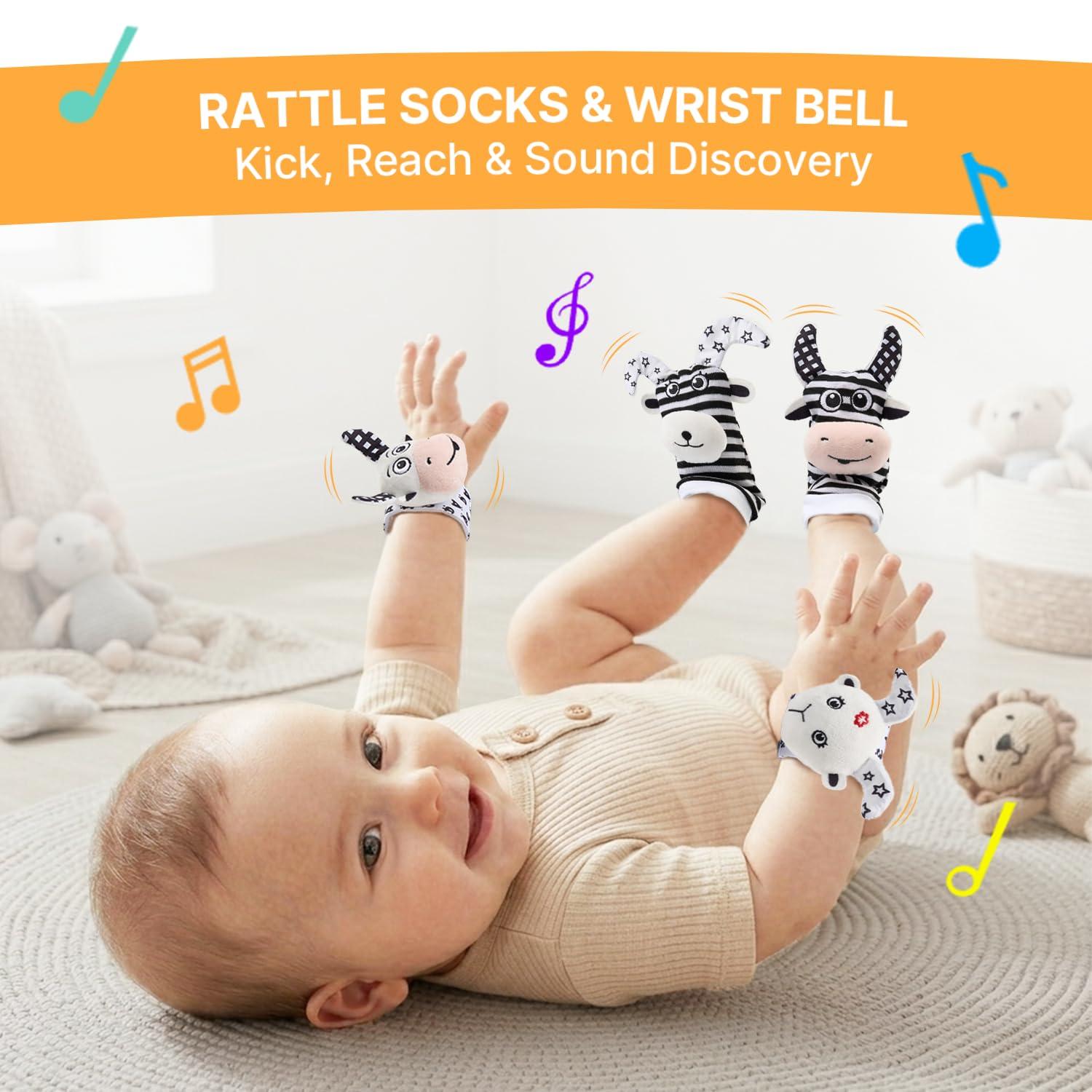 JoyCat Baby Toys 0-6 Months, 6-in-1 Newborn Sensory Toy Set with High Contrast Cards & Sensory Cloth, Wrist and Ankle Rattles, Baby Rattle, Hanging Cube and Teether, Baby Shower Gift for Boys Girls