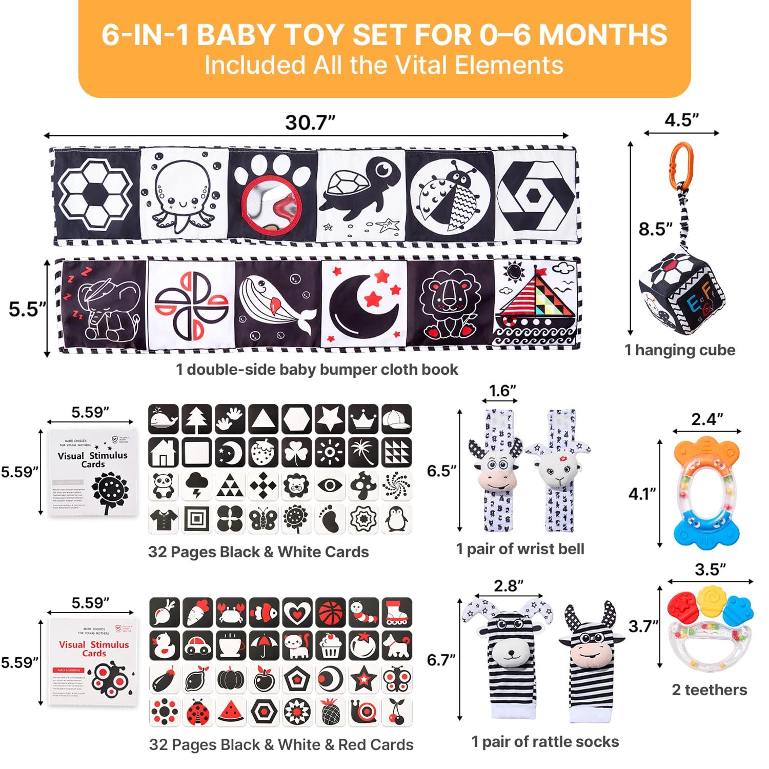 JoyCat Baby Toys 0-6 Months, 6-in-1 Newborn Sensory Toy Set with High Contrast Cards & Sensory Cloth, Wrist and Ankle Rattles, Baby Rattle, Hanging Cube and Teether, Baby Shower Gift for Boys Girls