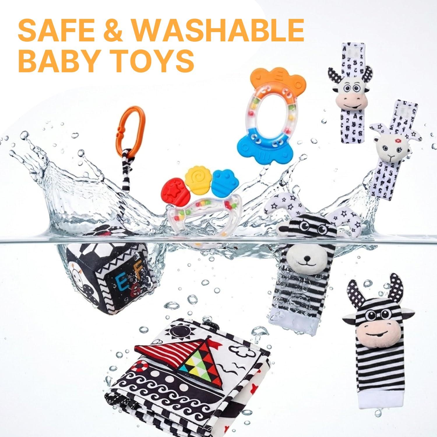 JoyCat Baby Toys 0-6 Months, 6-in-1 Newborn Sensory Toy Set with High Contrast Cards & Sensory Cloth, Wrist and Ankle Rattles, Baby Rattle, Hanging Cube and Teether, Baby Shower Gift for Boys Girls