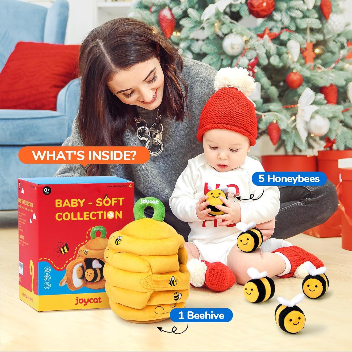 JoyCat Farm Animal Busy Book+ Soft Baby Beehive with 5 Soft Sensory Bees – Honeybee Plush Toy for 0-12 Months – Rattle, Crinkle Paper, Squeaker, Mirror, Busy Toy for Babies 6-12 Months, 0-3 Years Old