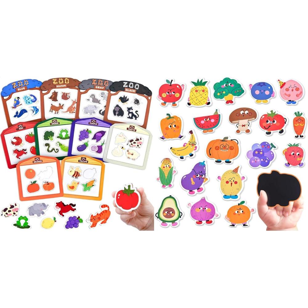 JoyCat Wooden Fridge Magnets for Toddlers-Color Sorting Toys & Fruits & Vegetables Food Cartoon Magnets