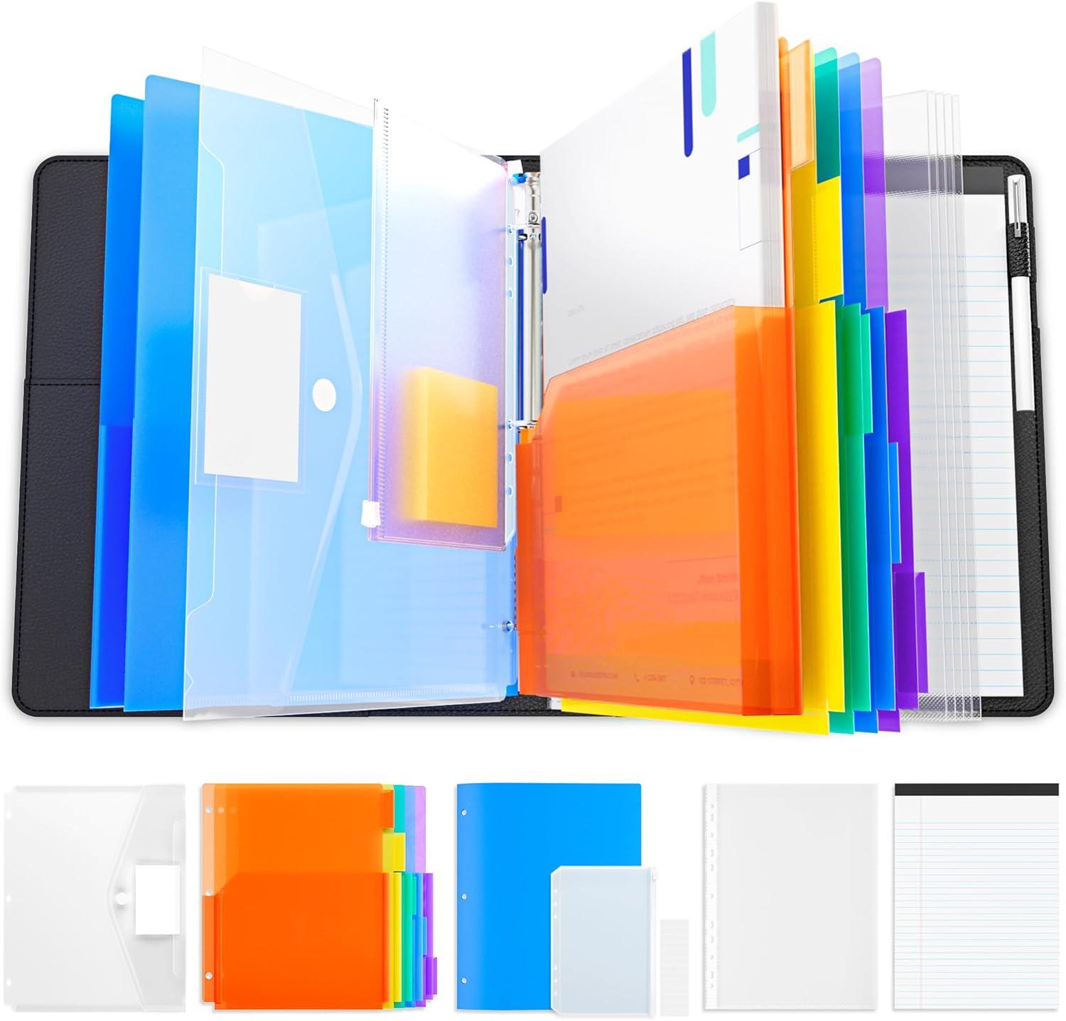 JoyCat 3 Ring Binder Clipboard with Storage, 12.4″x10.2″Magnetic Clipboard Folder with 5 Expandable Folders, Refillable Lined Notepad (8.5X11 Inch), for School Office Nursing(Black & Dark Green)