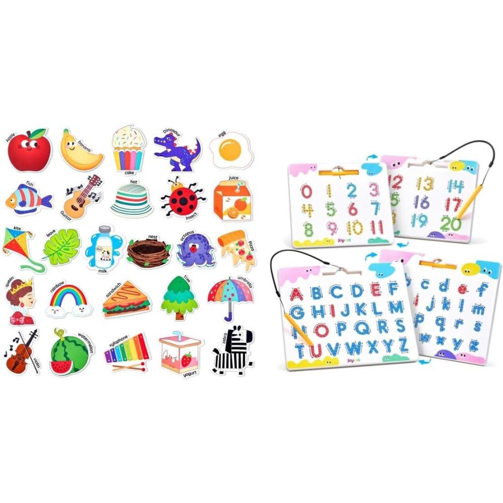 JoyCat Magnetic Letter and Number Tracing Board Set, Double Sided Alphabet & Numbers Board for Toddlers + 26 Cute A-Z Objects, Large Magnetic Refrigerator Toys