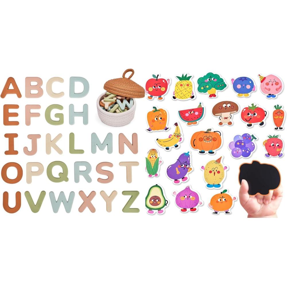 JoyCat Fridge Magnets for Toddlers-Uppercase ABC & Fruits & Vegetables Food Cartoon Magnets