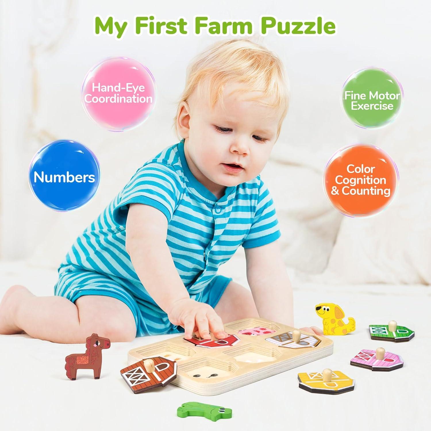 JoyCat Wooden Puzzles for Toddlers 1-3, Montessori Toys for 1 2 Year Old Boy Girl Birthday, Animal Match Farm Peg Puzzles, Preschool Learning Toys for Toddlers Age 1-2 (Pack of 2)
