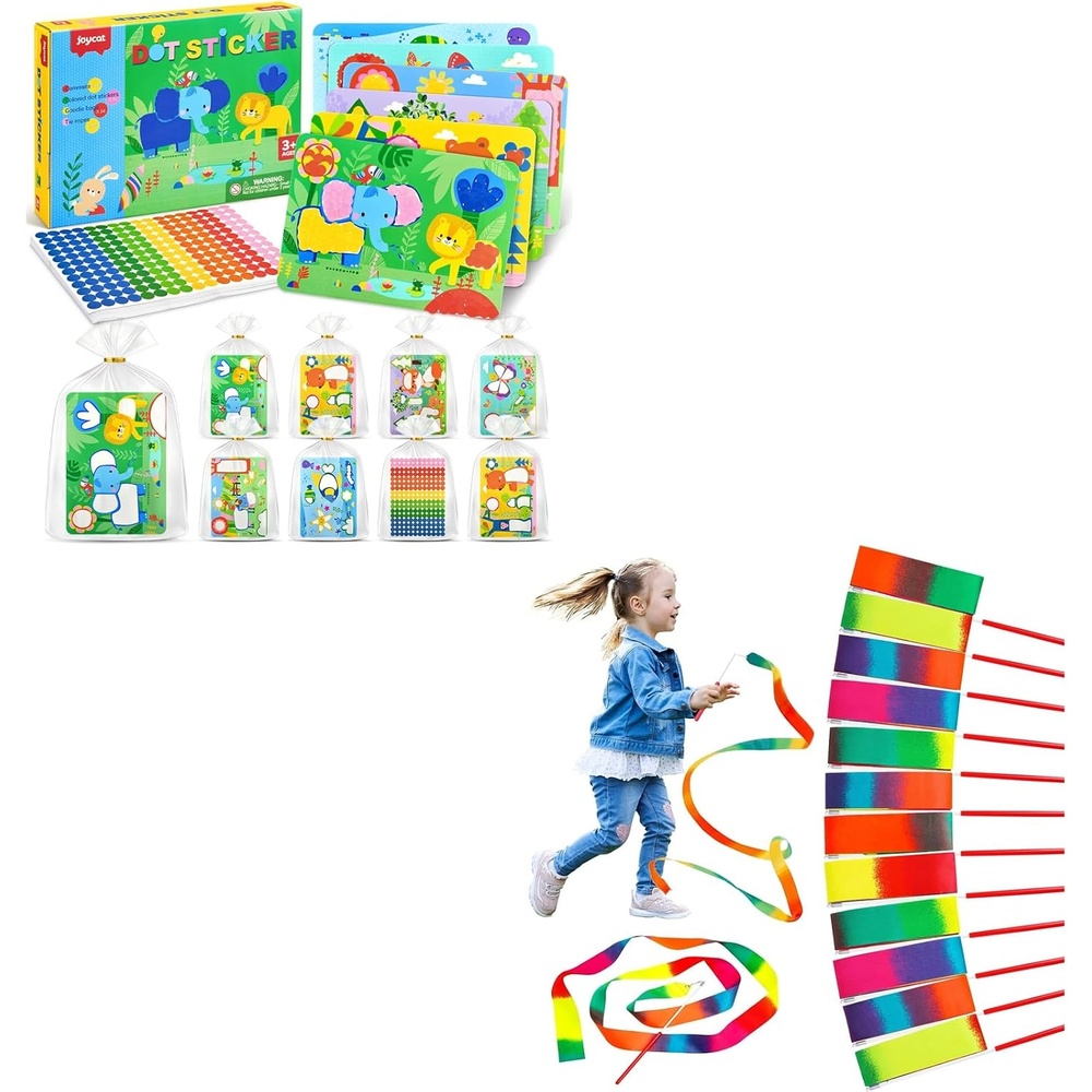 JoyCat 24 Pack Dot Art Craft Kits for Kids Party Favors +24 Pack Dance Ribbon Streamers ,Dot Sticker Activity Set with 4800+ Stickers, Classroom Prizes, Treasure Box Toys, Goodie Bag Stuffers Ages 3-8