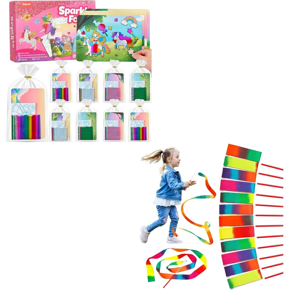 JoyCat 24 Pack Unicorn Foil Art Craft Party Favors+ 24 Pack Dance Ribbon Streamers,No Mess Arts and Crafts for Kids,Goodie Bag Stuffers,DIY Creative Activity, Birthday Present for Girls Boys