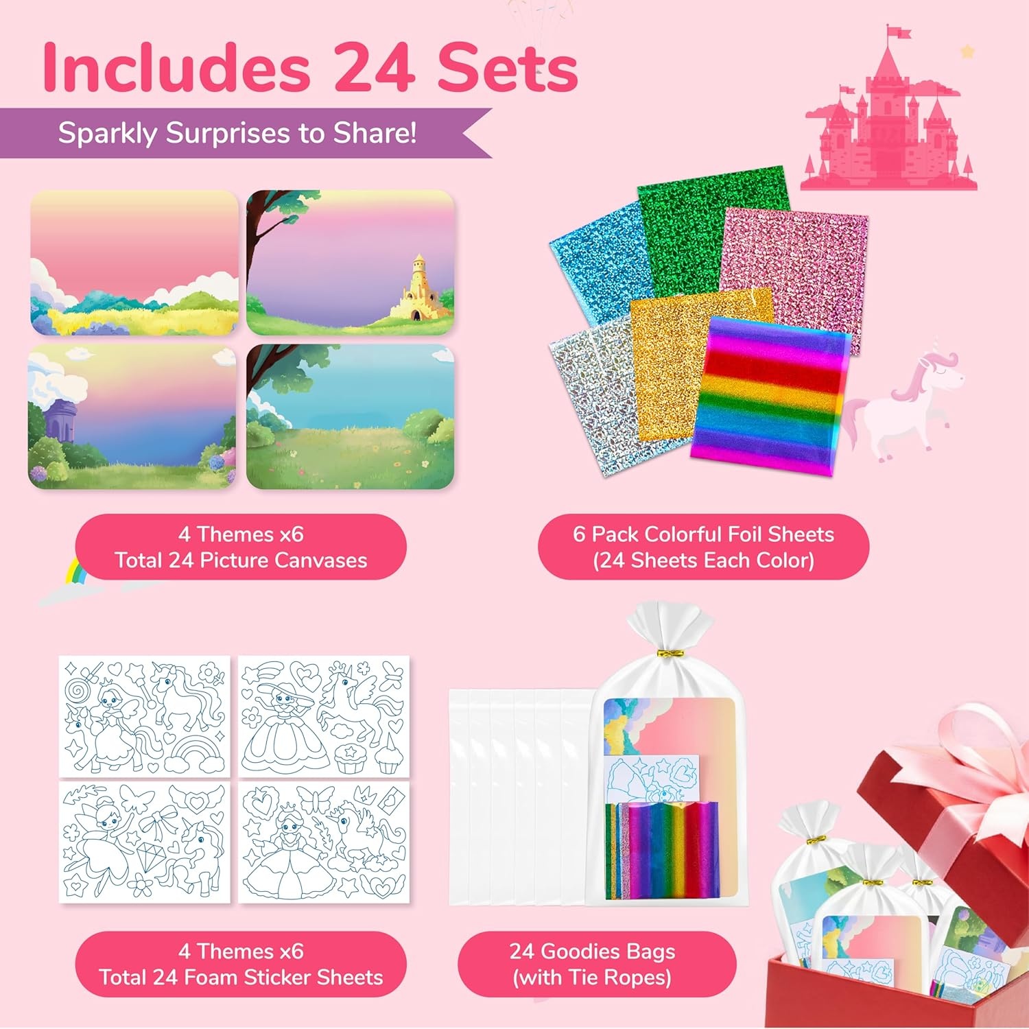 JoyCat 24 Pack Unicorn Foil Art Craft Party Favors+ 24 Pack Dance Ribbon Streamers,No Mess Arts and Crafts for Kids,Goodie Bag Stuffers,DIY Creative Activity, Birthday Present for Girls Boys