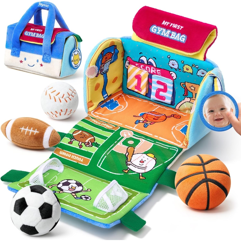 Joycat Baby Toys 0-12 Months, My First Sports Bag Plush Toy, 4 Sensory Balls with Multi-Game Court, Crinkle Rattle for 0-3-6-9-12 Month Newborn Tummy Time Toys, Baby Travel Toy Gifts for Boys Girls
