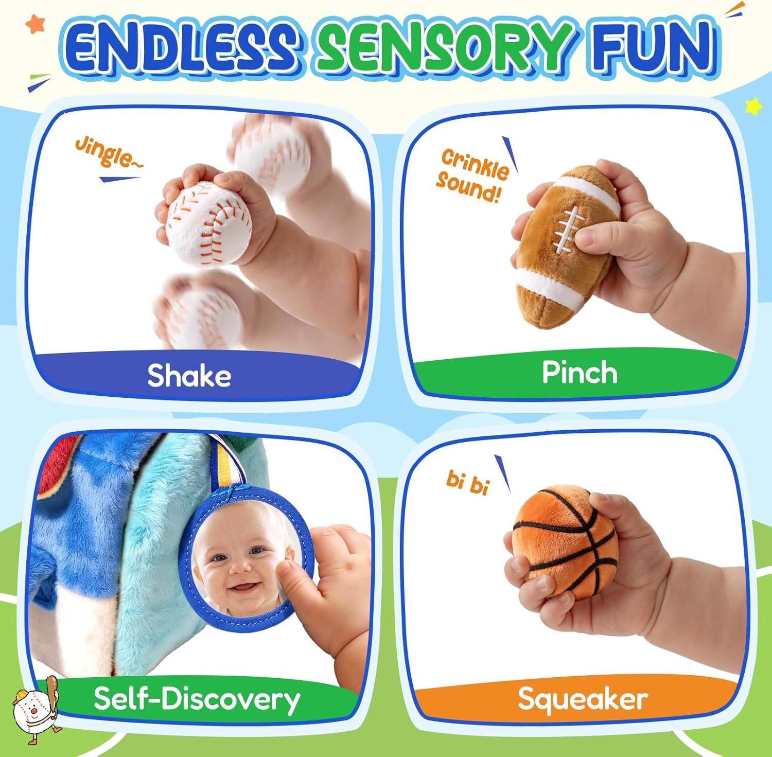 Joycat Baby Toys 0-12 Months, My First Sports Bag Plush Toy, 4 Sensory Balls with Multi-Game Court, Crinkle Rattle for 0-3-6-9-12 Month Newborn Tummy Time Toys, Baby Travel Toy Gifts for Boys Girls