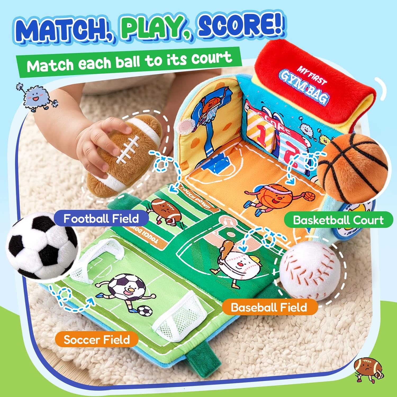 Joycat Baby Toys 0-12 Months, My First Sports Bag Plush Toy, 4 Sensory Balls with Multi-Game Court, Crinkle Rattle for 0-3-6-9-12 Month Newborn Tummy Time Toys, Baby Travel Toy Gifts for Boys Girls
