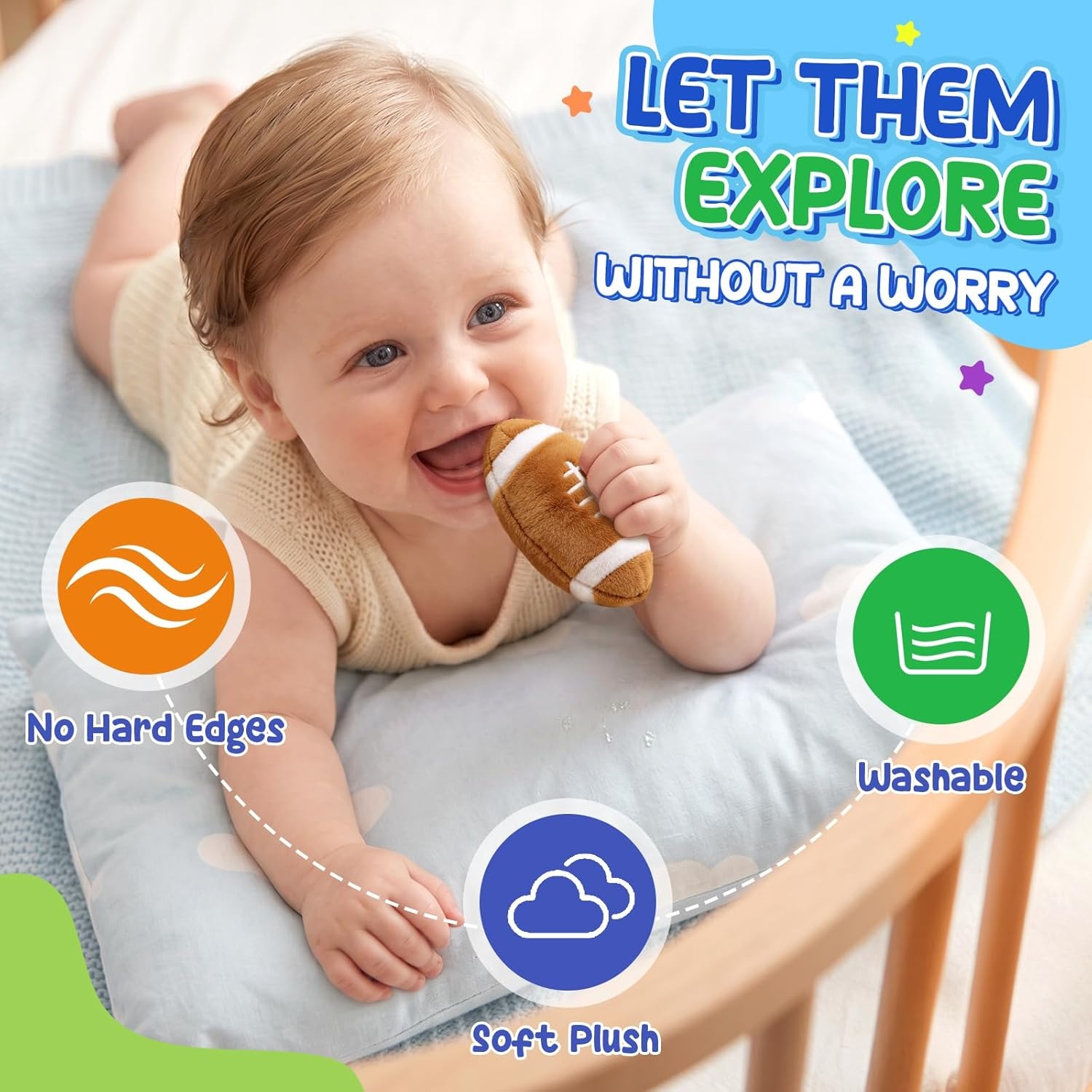 Joycat Baby Toys 0-12 Months, My First Sports Bag Plush Toy, 4 Sensory Balls with Multi-Game Court, Crinkle Rattle for 0-3-6-9-12 Month Newborn Tummy Time Toys, Baby Travel Toy Gifts for Boys Girls