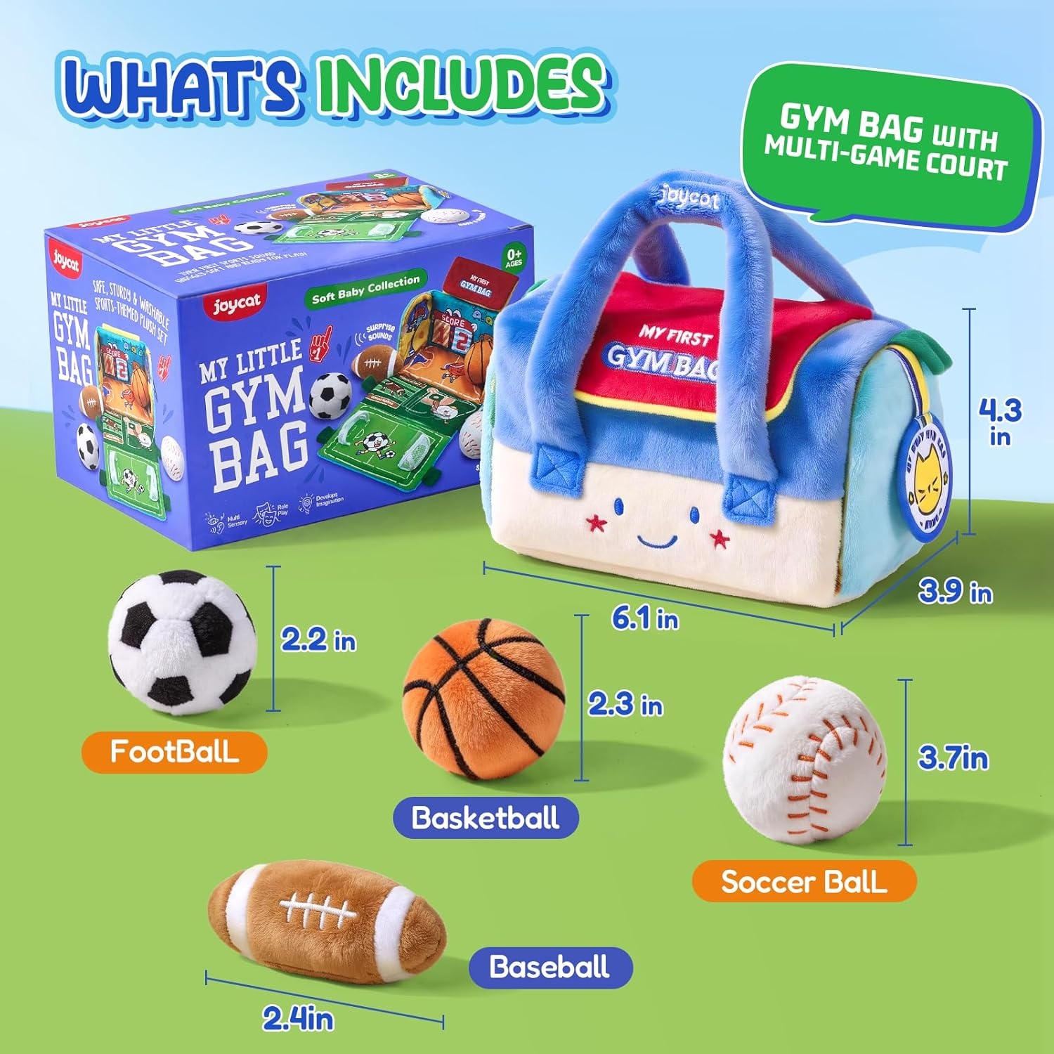 Joycat Baby Toys 0-12 Months, My First Sports Bag Plush Toy, 4 Sensory Balls with Multi-Game Court, Crinkle Rattle for 0-3-6-9-12 Month Newborn Tummy Time Toys, Baby Travel Toy Gifts for Boys Girls