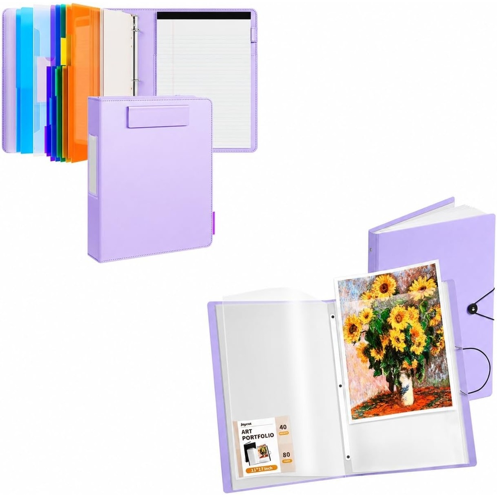 JoyCat 3 Ring Binder Purple Clipboard + 11″x17″ Art Portfolio Binder, 40 Pockets Art Folder with Clear View Pages, 80 Sheets Presentation Binder