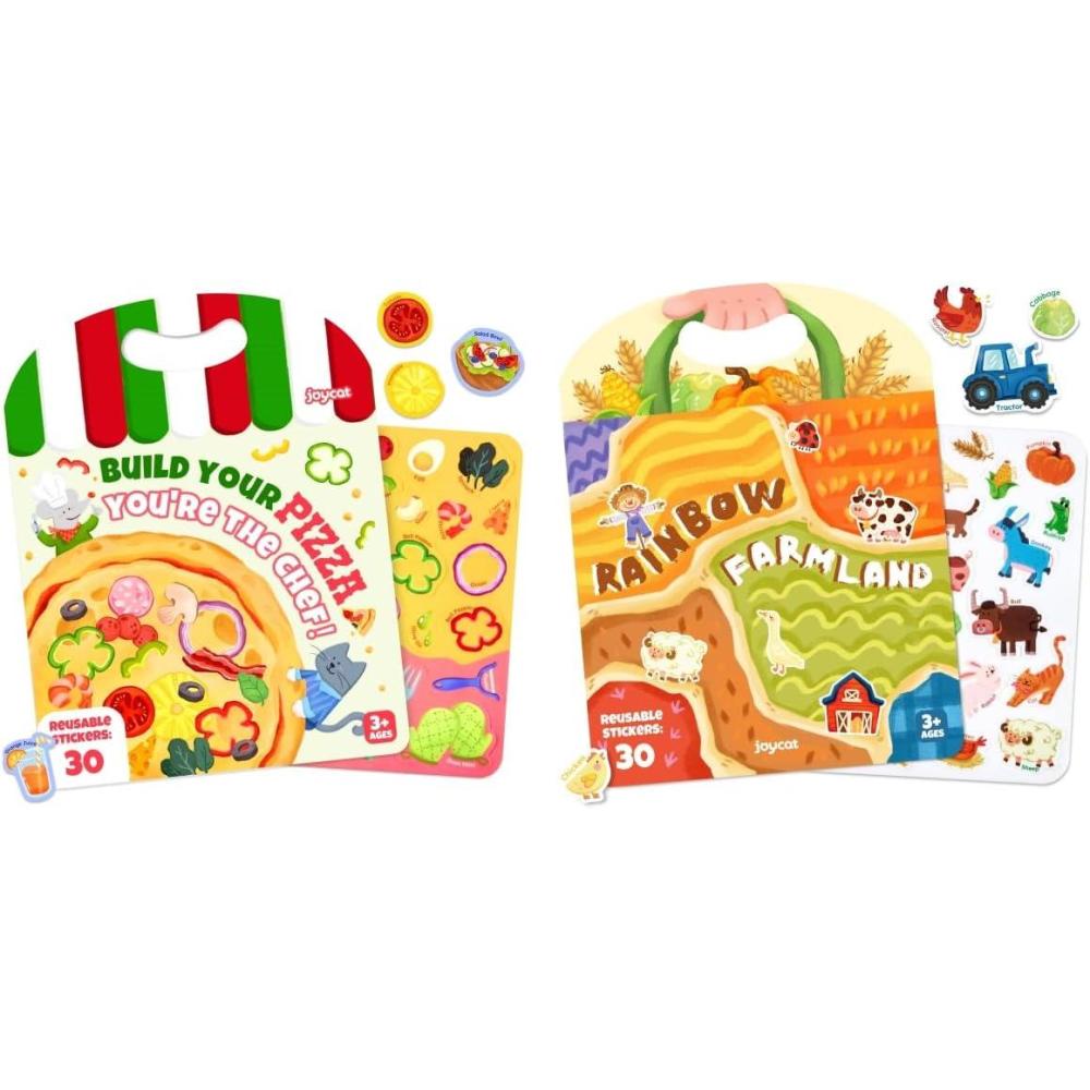 JoyCat Reusable Sticker Book (2-Pack) – Jelly Stickers for Toddlers, Kids Sticker Activity Book (Pizza + Farm)