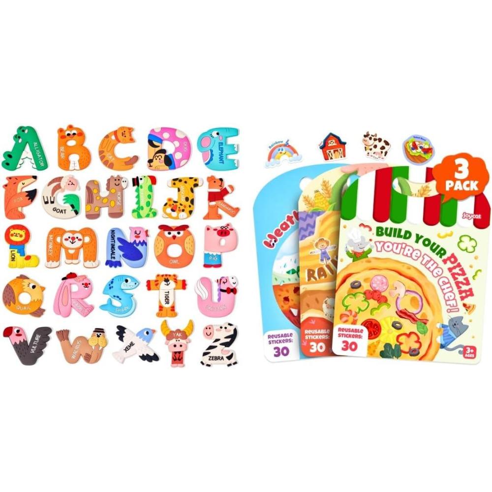JoyCat Reusable Sticker Book Set (3-Pack): Farm, Pizza-Making, Weather – 90 Pcs Stickers for Toddlers + 26 Large Soft PVC Uppercase Alphabet ABC Refrigerator Magnets