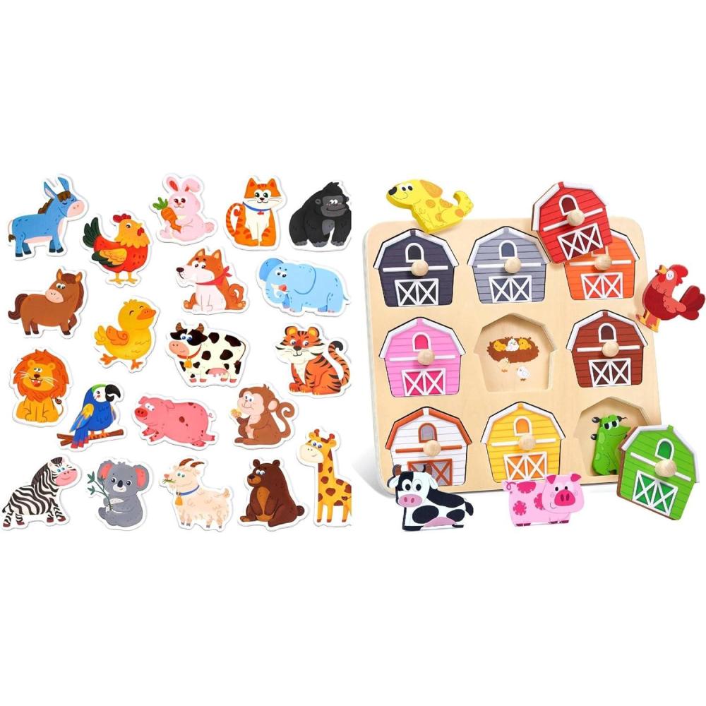 JoyCat 20 Cute Wooden Animals Refrigerator Magnets & Animal Match Farm Peg Puzzles