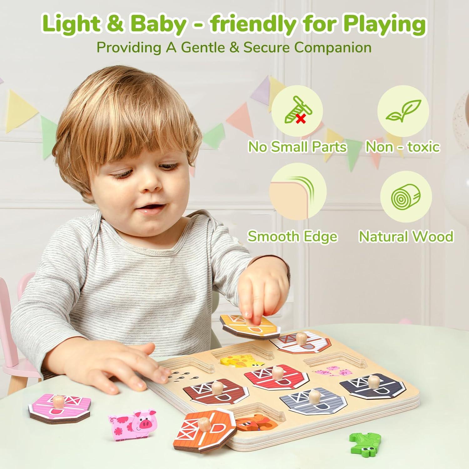 JoyCat 20 Cute Wooden Animals Refrigerator Magnets & Animal Match Farm Peg Puzzles