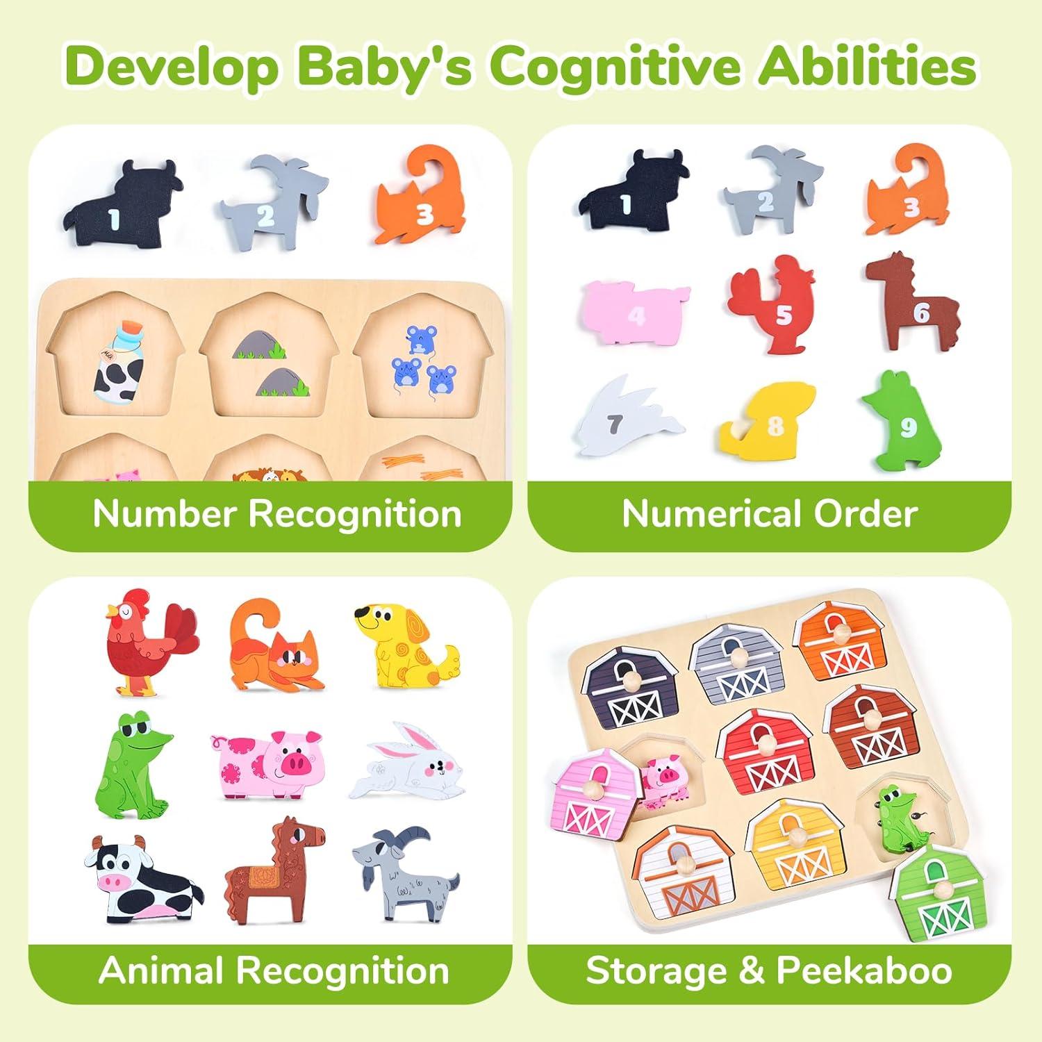 JoyCat 20 Cute Wooden Animals Refrigerator Magnets & Animal Match Farm Peg Puzzles