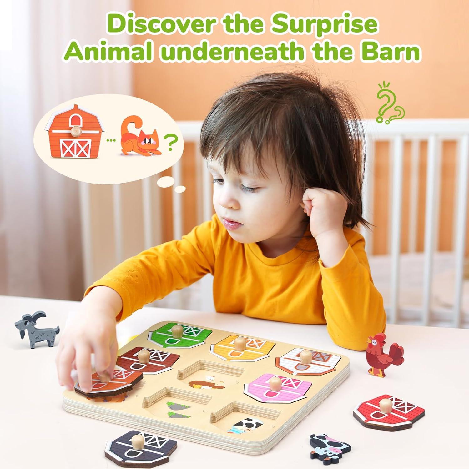 JoyCat 20 Cute Wooden Animals Refrigerator Magnets & Animal Match Farm Peg Puzzles