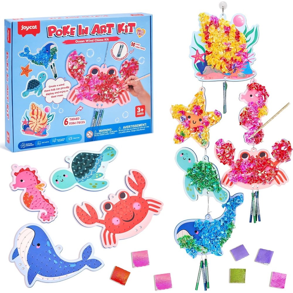 Poke-in Wind Chime Craft Kit for Kids, 3D Magical Fantasy DIY Set with Audible Wind Chime Pieces, 6 EVA Magical Figures, Mess-Free Creative Activity, Arts and Crafts & Birthday Gift for kids Age 3+(Ocean Wind Chime Kit)