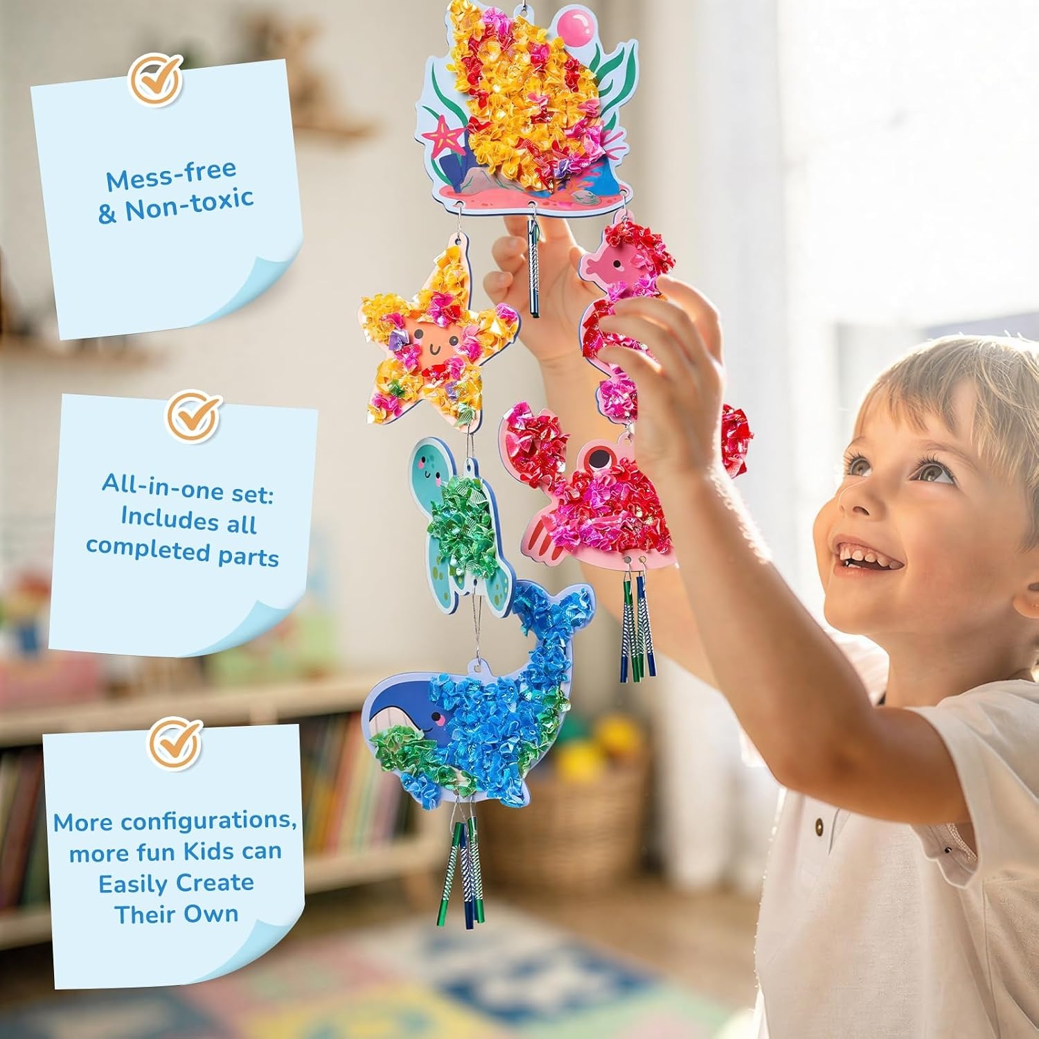 Poke-in Wind Chime Craft Kit for Kids, 3D Magical Fantasy DIY Set with Audible Wind Chime Pieces, 6 EVA Magical Figures, Mess-Free Creative Activity, Arts and Crafts & Birthday Gift for kids Age 3+(Ocean Wind Chime Kit)