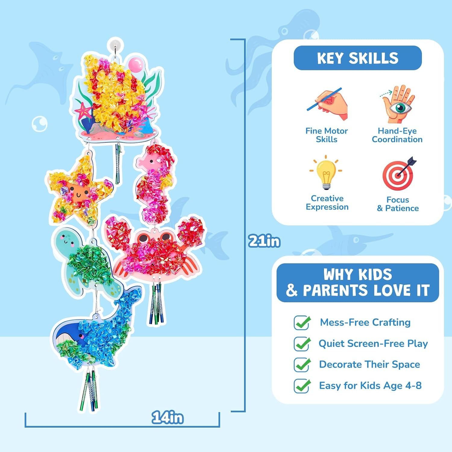 Poke-in Wind Chime Craft Kit for Kids, 3D Magical Fantasy DIY Set with Audible Wind Chime Pieces, 6 EVA Magical Figures, Mess-Free Creative Activity, Arts and Crafts & Birthday Gift for kids Age 3+(Ocean Wind Chime Kit)