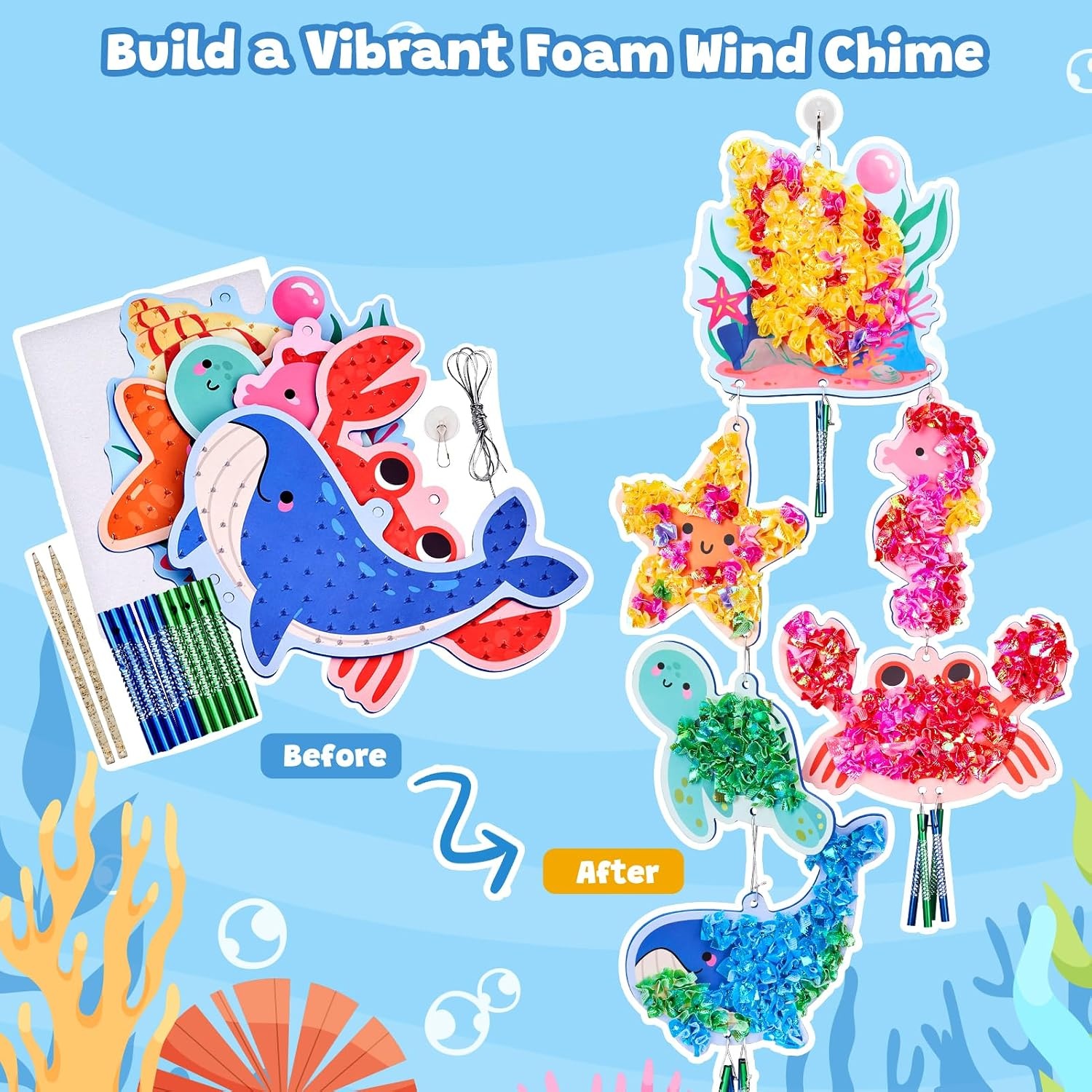 Poke-in Wind Chime Craft Kit for Kids, 3D Magical Fantasy DIY Set with Audible Wind Chime Pieces, 6 EVA Magical Figures, Mess-Free Creative Activity, Arts and Crafts & Birthday Gift for kids Age 3+(Ocean Wind Chime Kit)
