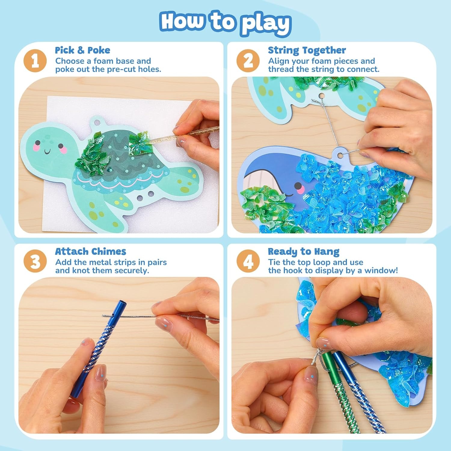 Poke-in Wind Chime Craft Kit for Kids, 3D Magical Fantasy DIY Set with Audible Wind Chime Pieces, 6 EVA Magical Figures, Mess-Free Creative Activity, Arts and Crafts & Birthday Gift for kids Age 3+(Ocean Wind Chime Kit)