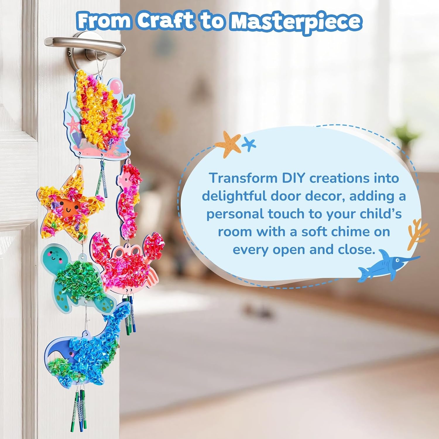 Poke-in Wind Chime Craft Kit for Kids, 3D Magical Fantasy DIY Set with Audible Wind Chime Pieces, 6 EVA Magical Figures, Mess-Free Creative Activity, Arts and Crafts & Birthday Gift for kids Age 3+(Ocean Wind Chime Kit)
