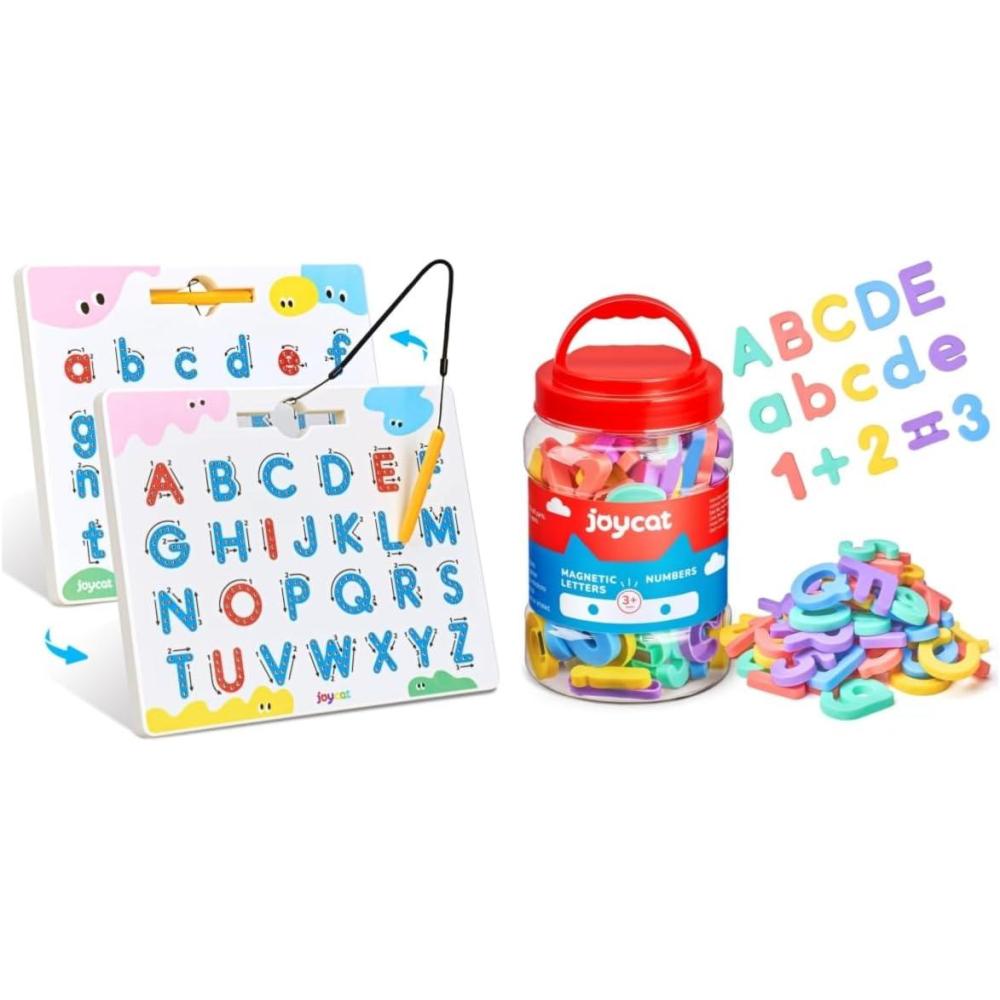 JoyCat Magnetic Letters and Numbers + Magnetic Letter Tracing Board, 2-in-1 Double-Sided ABC Magnets for Kids Ages 3-5, Uppercase & Lowercase Letter Writing Practice – Preschool Learning Toys, Road Tr