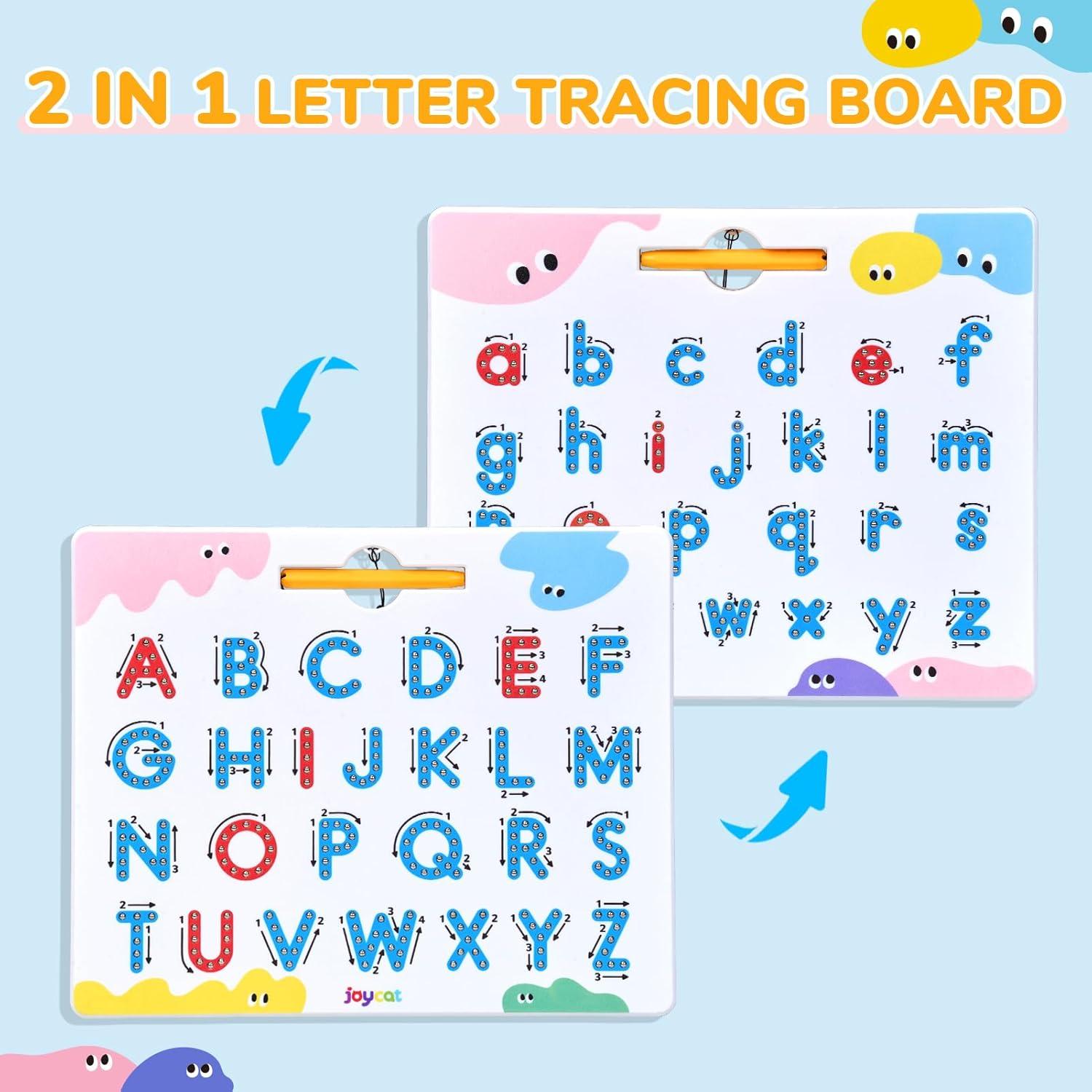 JoyCat Magnetic Letters and Numbers + Magnetic Letter Tracing Board, 2-in-1 Double-Sided ABC Magnets for Kids Ages 3-5, Uppercase & Lowercase Letter Writing Practice – Preschool Learning Toys, Road Tr