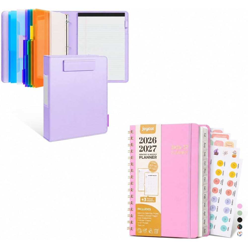 JoyCat 3 Ring Binder Purple Clipboard + A5 Pink Academic Planner 2026-2027, July 2026 – June 2027, 6.3″ x 8.5″ Weekly & Monthly Planner