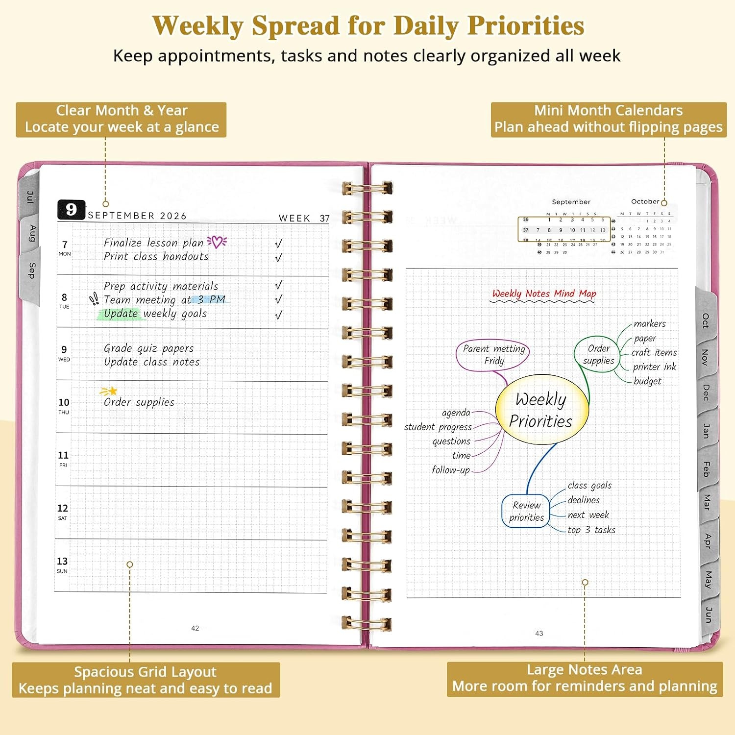 JoyCat 3 Ring Binder Purple Clipboard + A5 Pink Academic Planner 2026-2027, July 2026 – June 2027, 6.3″ x 8.5″ Weekly & Monthly Planner