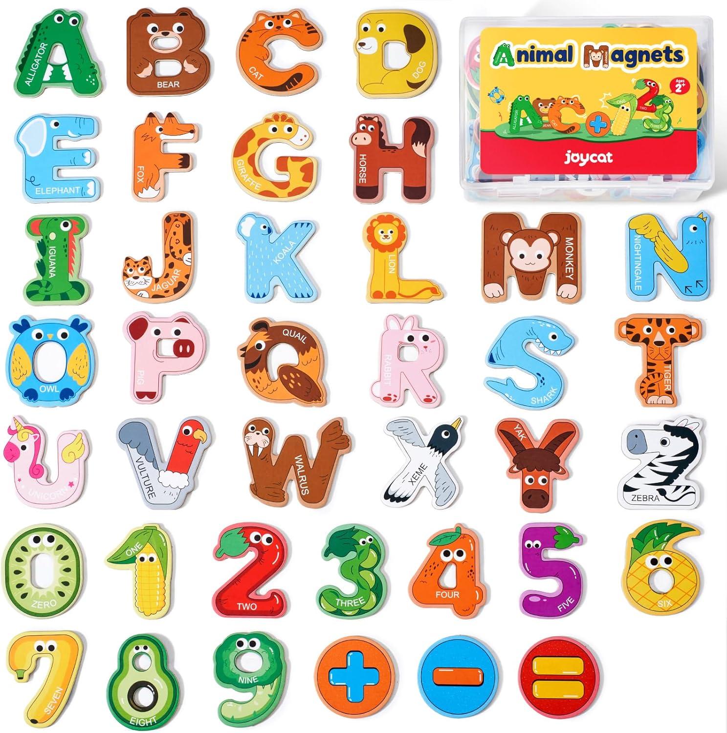 JoyCat Wooden Thick Alphabet Magnets, 26 Uppercase Letters 0-9 Numbers Toy Set + 26 Large Soft PVC Uppercase Alphabet ABC Refrigerator Magnets, Preschool Educational Learning Toys, Cute Christmas GIF