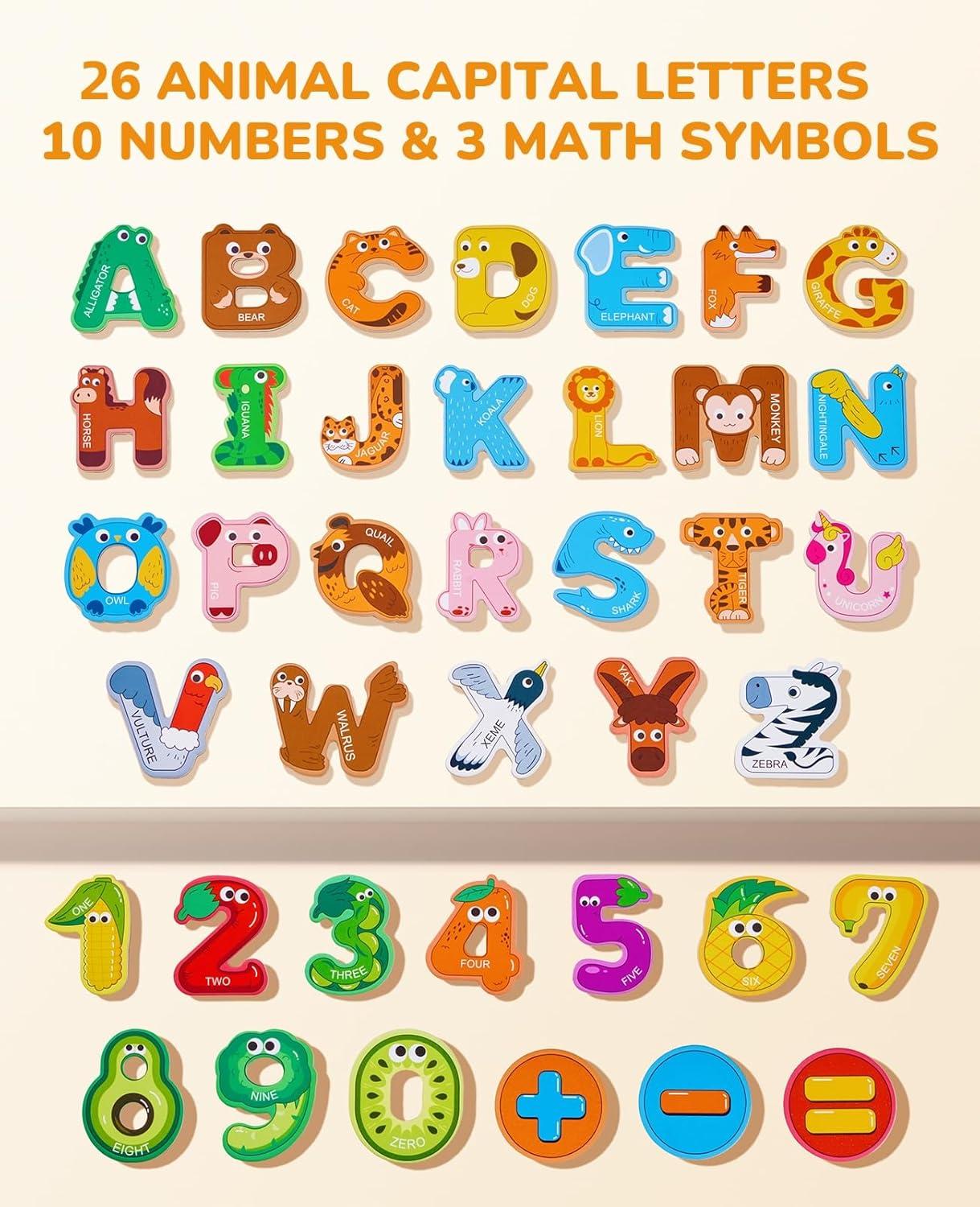 JoyCat Wooden Thick Alphabet Magnets, 26 Uppercase Letters 0-9 Numbers Toy Set + 26 Large Soft PVC Uppercase Alphabet ABC Refrigerator Magnets, Preschool Educational Learning Toys, Cute Christmas GIF