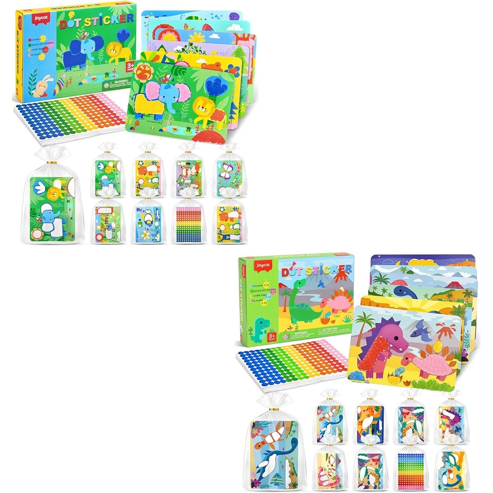 JoyCat 12 Pack Animal+ Dinosaur Dot Art Craft Kits for Kids Party Favors, Mess-Free Dot Sticker Activity Set with 2400+ Stickers & Goodie Bags, Goodie Bag Stuffers, Dino Toys for Ages 3-8