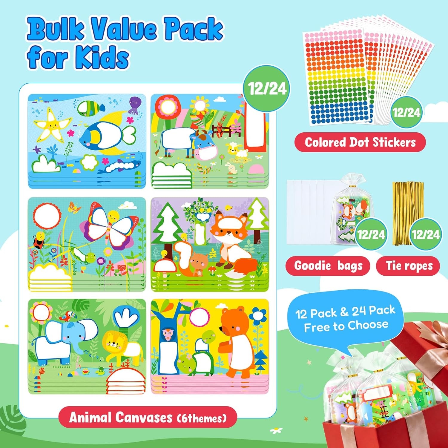 JoyCat 12 Pack Animal+ Dinosaur Dot Art Craft Kits for Kids Party Favors, Mess-Free Dot Sticker Activity Set with 2400+ Stickers & Goodie Bags, Goodie Bag Stuffers, Dino Toys for Ages 3-8